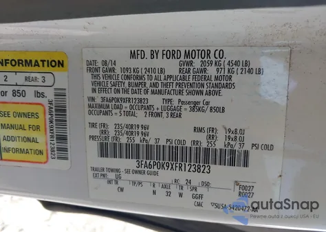 2015 Ford Fusion Titanium from USA, damaged, VIN 3FA6P0K9XFR123823
